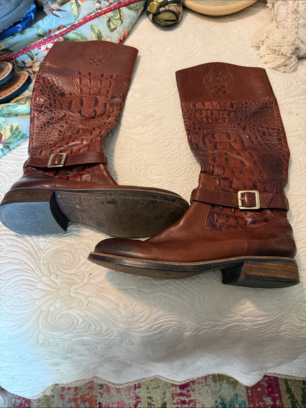 Vince Camuto Brown Croc-Embossed Leather Knee Boots with Buckle